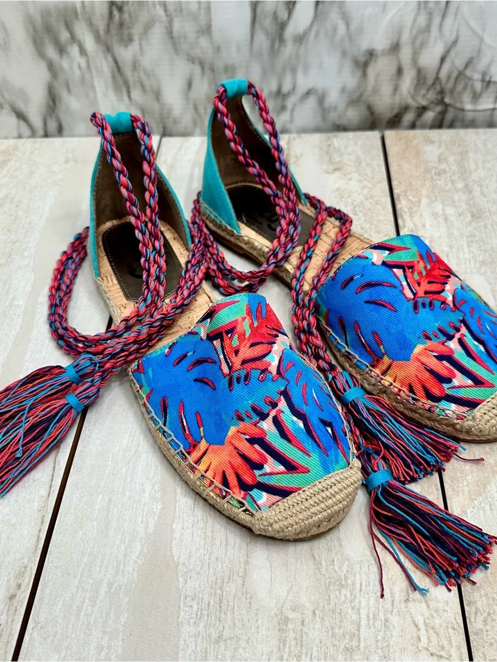 Sam Edelman Blue Multi Tropical Espadrille Lace-Up Flats